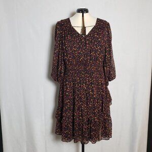 Taylor Ditsy Print Smocked Full Skirt Multicolor Black Tiered Peasant Dress 18W